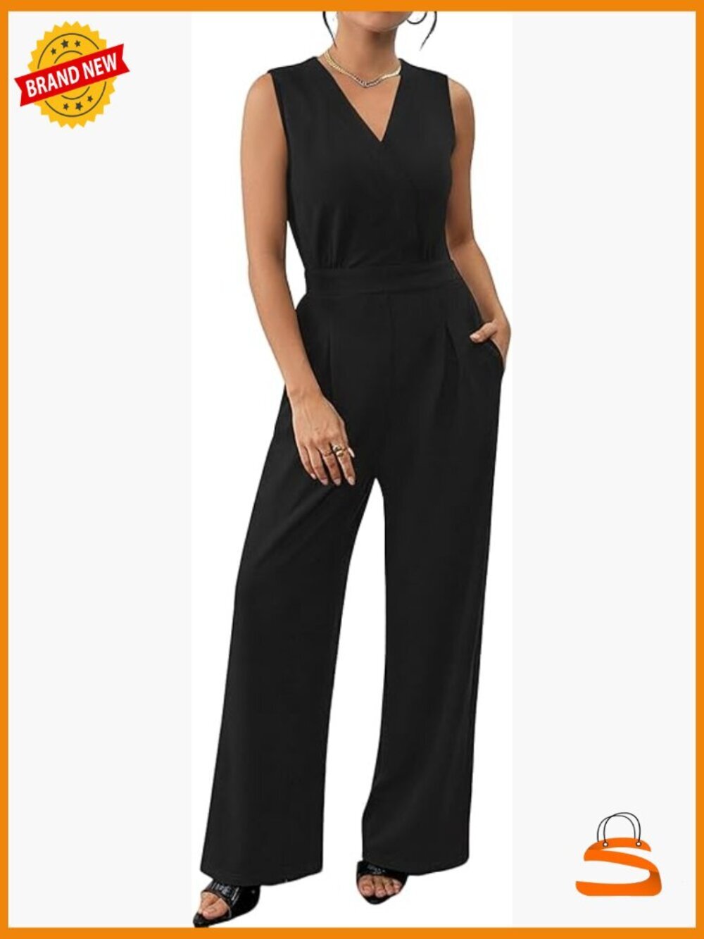 Sleeveless V-Neck Wide Leg Jumpsuit, Polyester Spandex, Size Medium